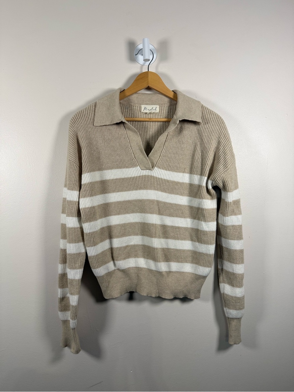 Marled Beige & White Striped Collared V-Neck Sweater